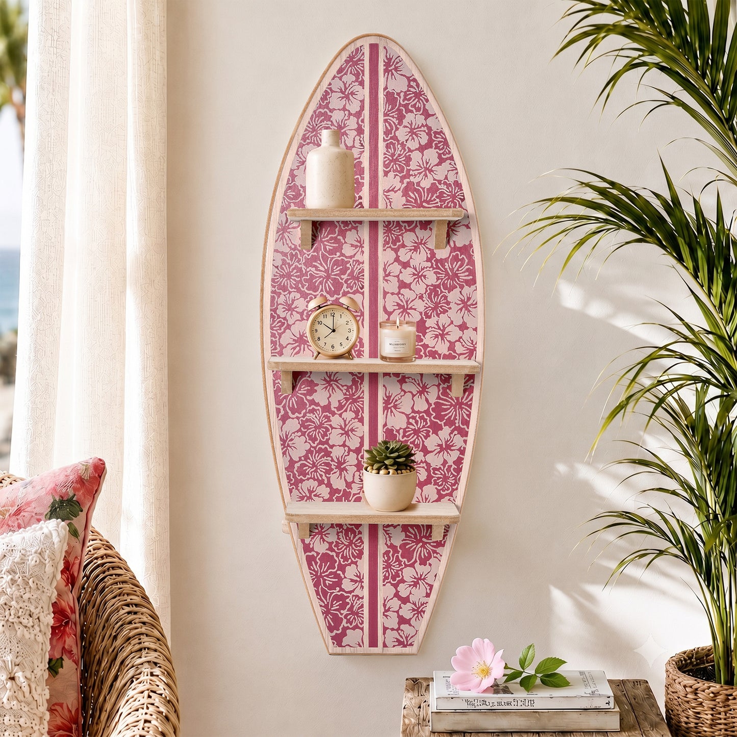 Officially licensed Reyn Spooner Kona Coast Biscus Bounty Earth Red surfboard wall shelf featuring three natural wood display shelves with Hawaiian hibiscus floral artwork for coastal home décor.