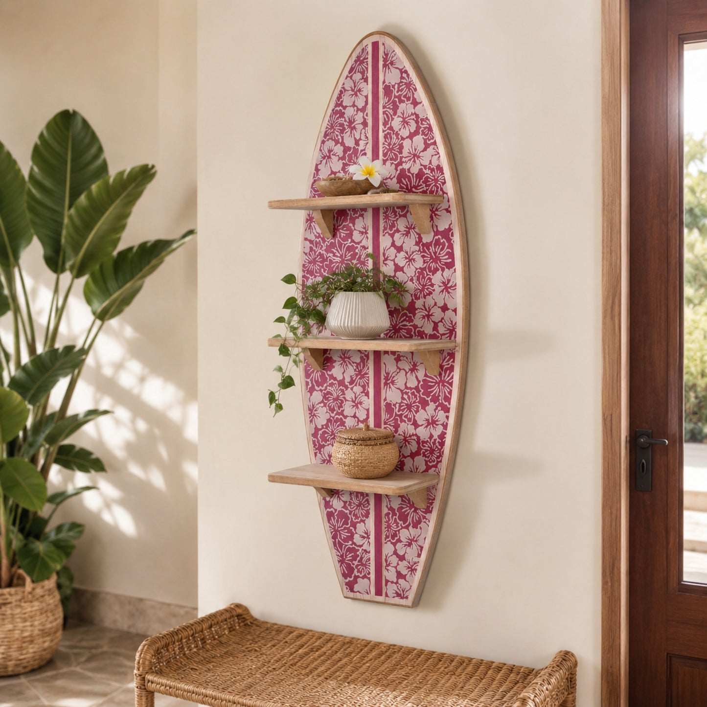 Kona Coast by Reyn Spooner Biscus Bounth Earth Red Surfboard Printed Wall Shelf - 13" x 35" x 7.5"