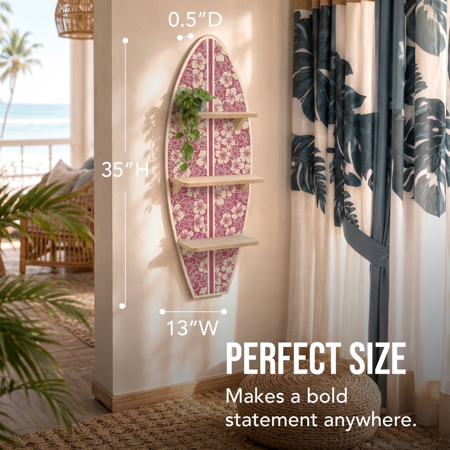 Officially licensed Reyn Spooner Kona Coast Biscus Bounty Earth Red surfboard wall shelf featuring three natural wood display shelves with Hawaiian hibiscus floral artwork for coastal home décor.