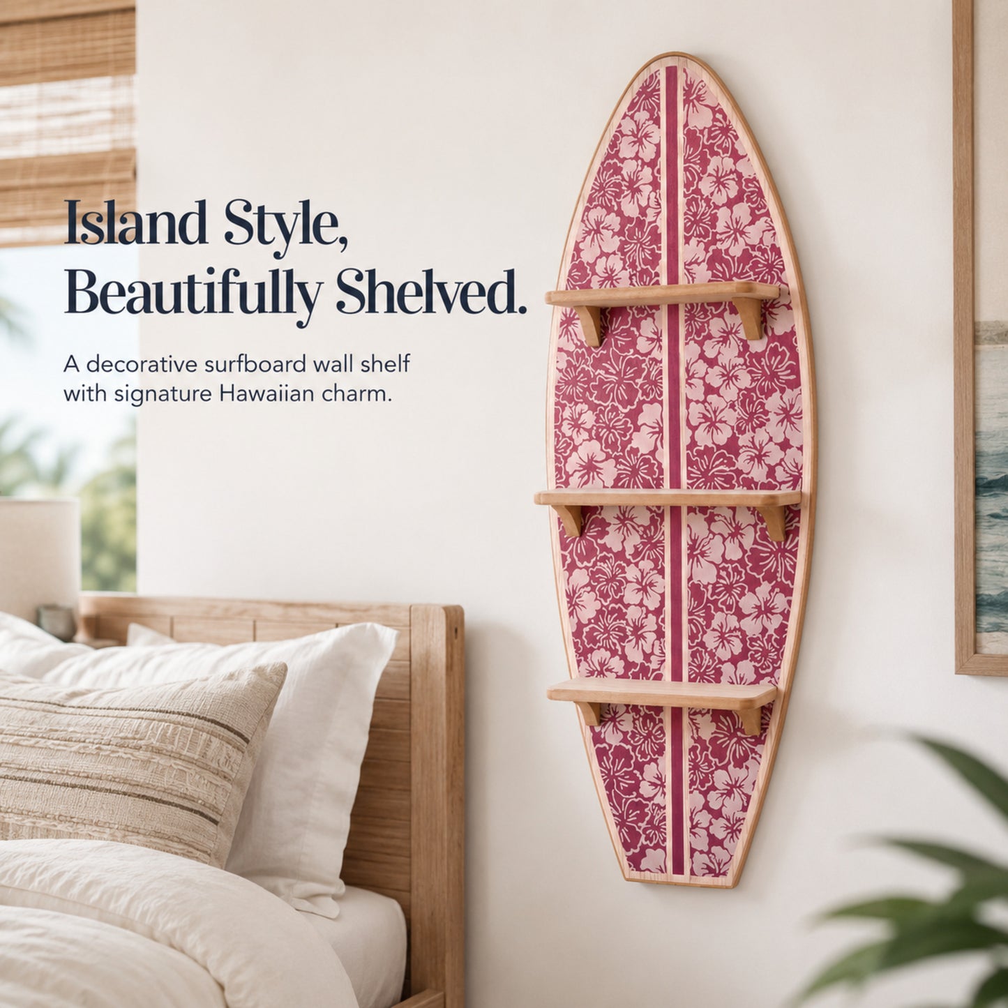 Kona Coast by Reyn Spooner Biscus Bounth Earth Red Surfboard Printed Wall Shelf - 13" x 35" x 7.5"