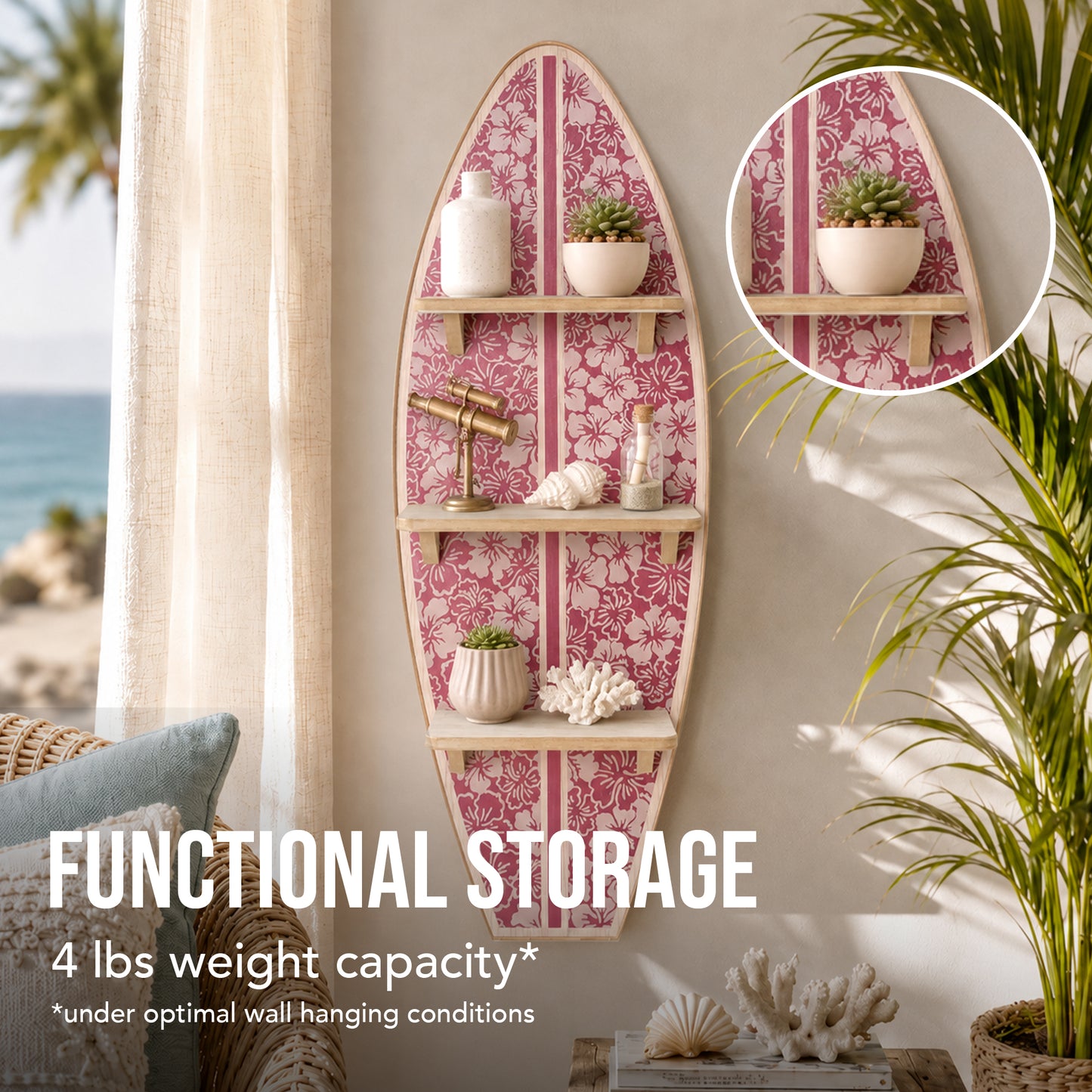 Officially licensed Reyn Spooner Kona Coast Biscus Bounty Earth Red surfboard wall shelf featuring three natural wood display shelves with Hawaiian hibiscus floral artwork for coastal home décor.
