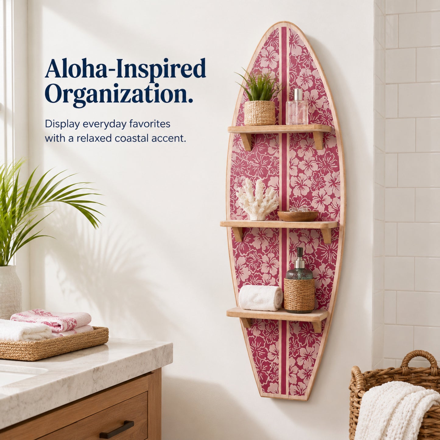 Kona Coast by Reyn Spooner Biscus Bounth Earth Red Surfboard Printed Wall Shelf - 13" x 35" x 7.5"