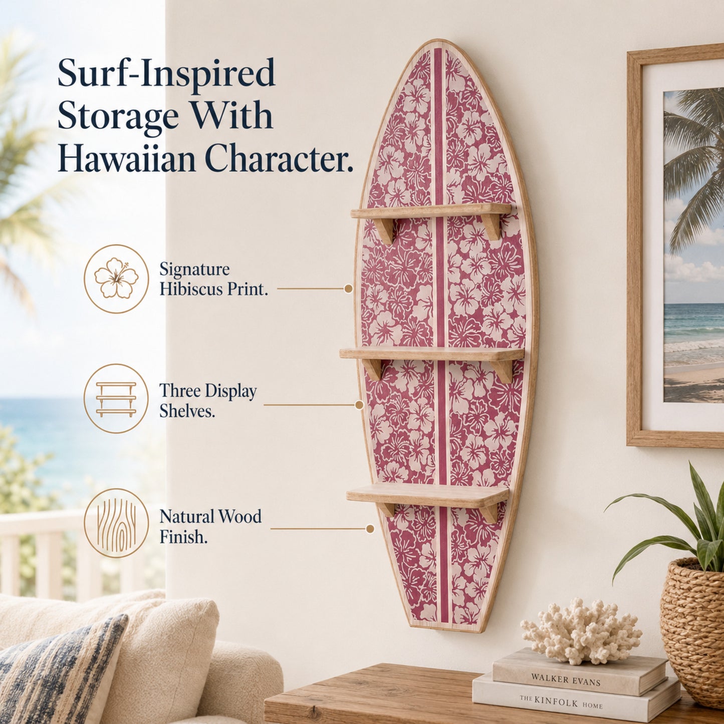 Kona Coast by Reyn Spooner Biscus Bounth Earth Red Surfboard Printed Wall Shelf - 13" x 35" x 7.5"
