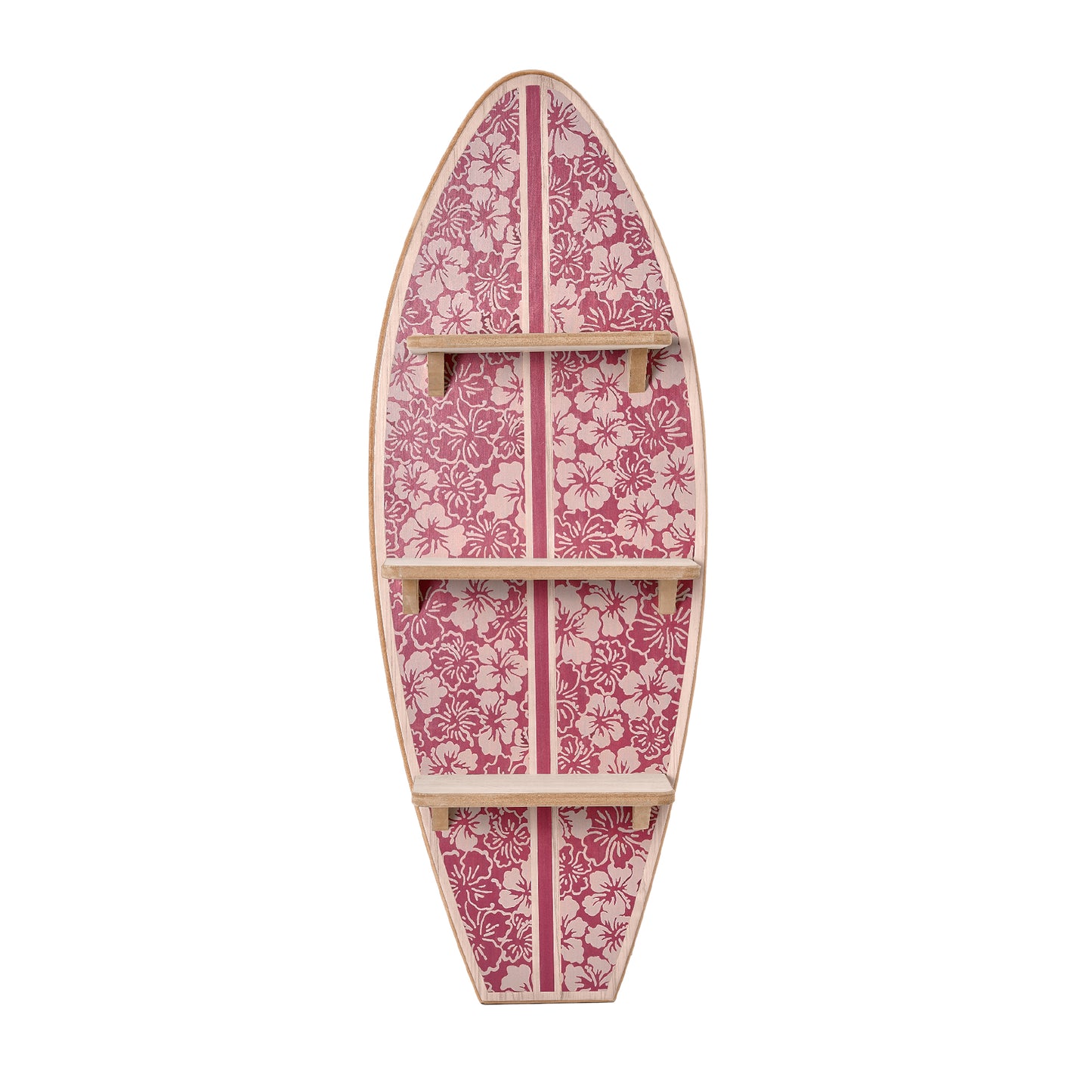 Officially licensed Reyn Spooner Kona Coast Biscus Bounty Earth Red surfboard wall shelf featuring three natural wood display shelves with Hawaiian hibiscus floral artwork for coastal home décor.