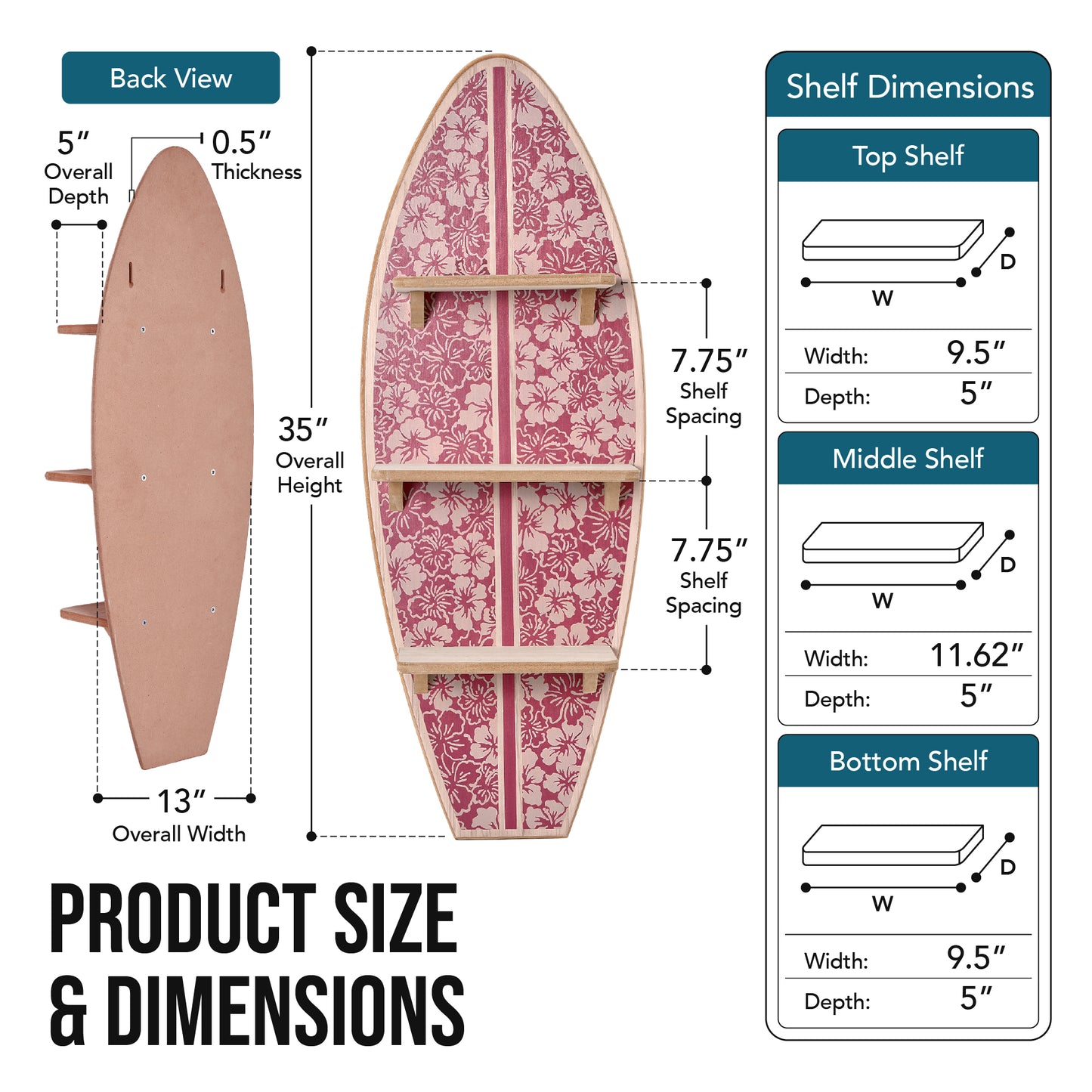 Officially licensed Reyn Spooner Kona Coast Biscus Bounty Earth Red surfboard wall shelf featuring three natural wood display shelves with Hawaiian hibiscus floral artwork for coastal home décor.