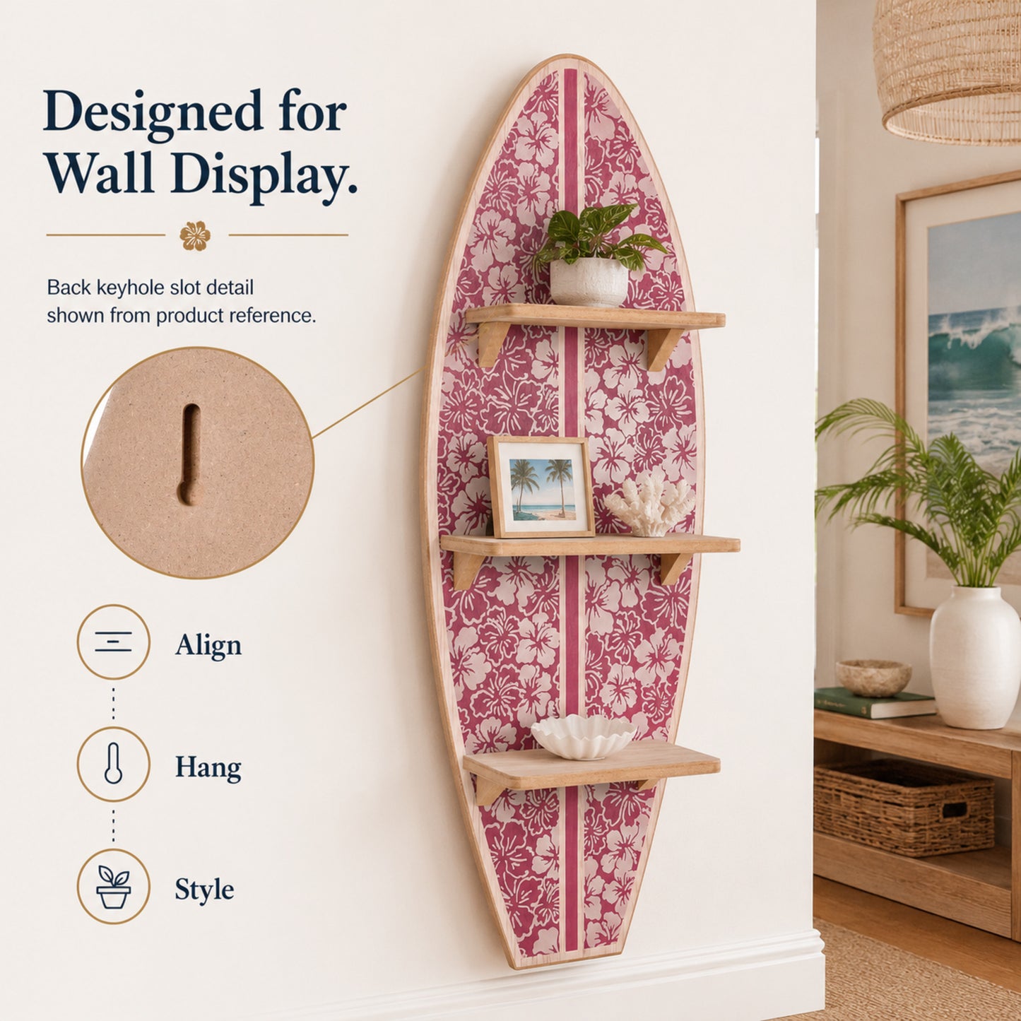 Kona Coast by Reyn Spooner Biscus Bounth Earth Red Surfboard Printed Wall Shelf - 13" x 35" x 7.5"