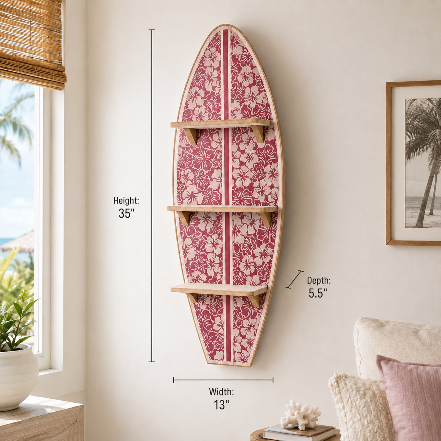 Kona Coast by Reyn Spooner Biscus Bounth Earth Red Surfboard Printed Wall Shelf - 13" x 35" x 7.5"