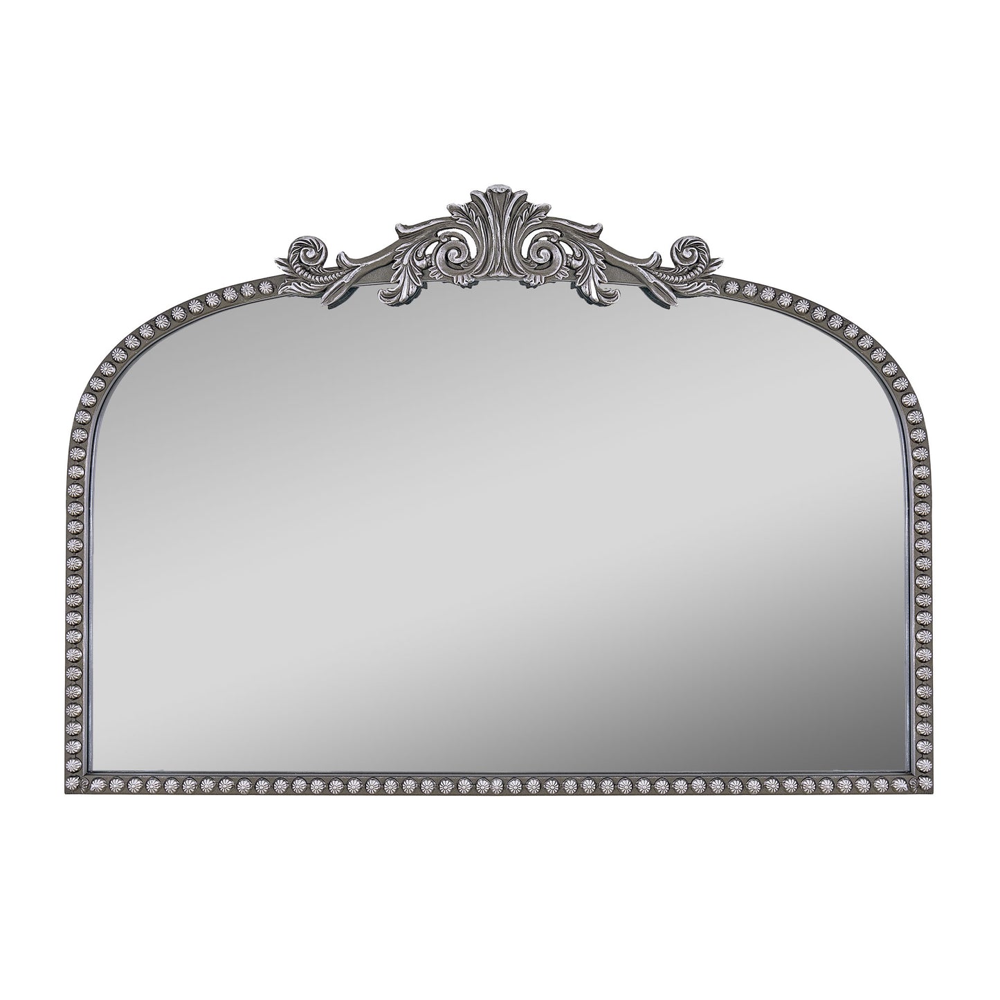 A 24 x 34 pewter arched wall mirror with antique silver filigree crest and beaded trim, displayed horizontally above a vanity or console in a polished neutral interior.