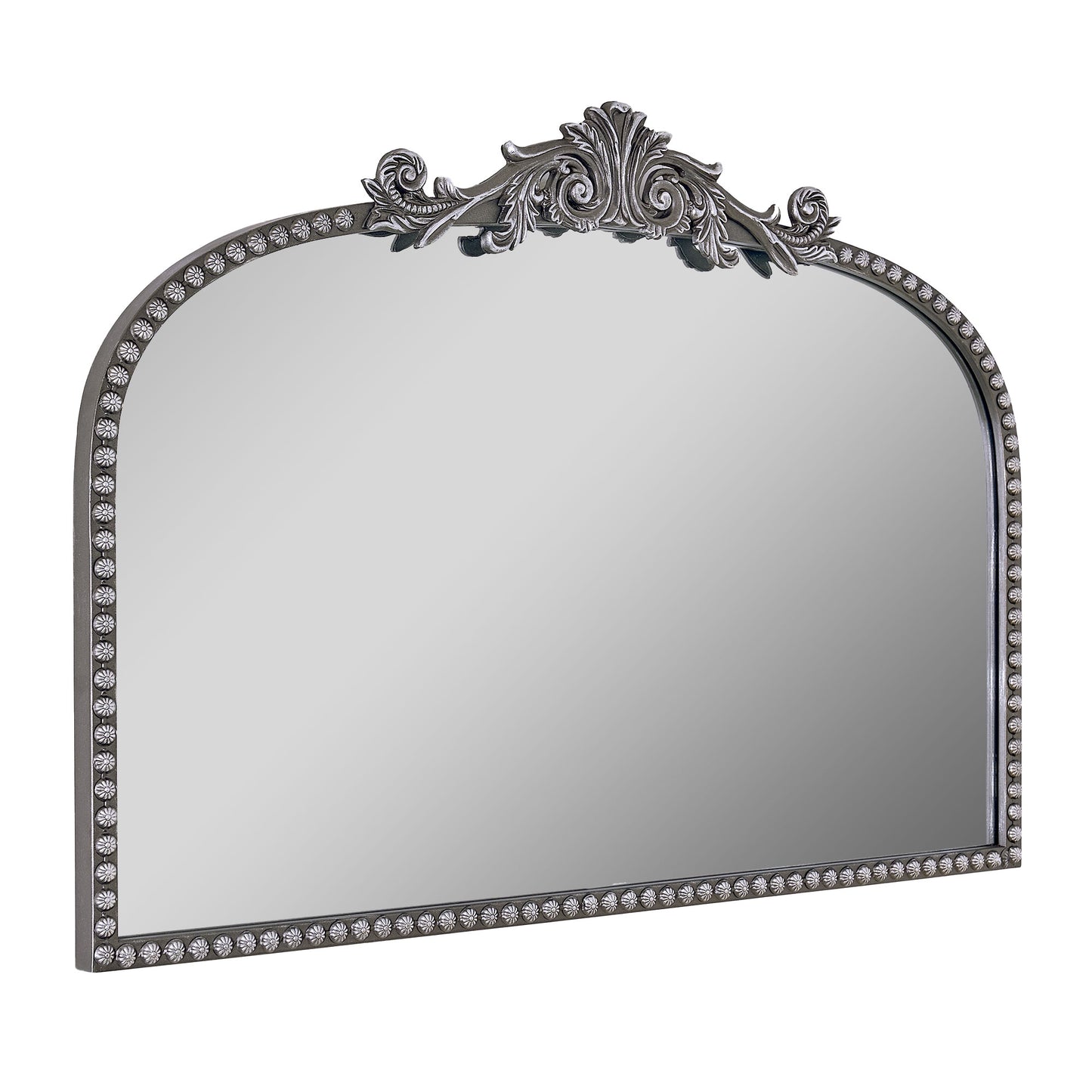 A 24 x 34 pewter arched wall mirror with antique silver filigree crest and beaded trim, displayed horizontally above a vanity or console in a polished neutral interior.