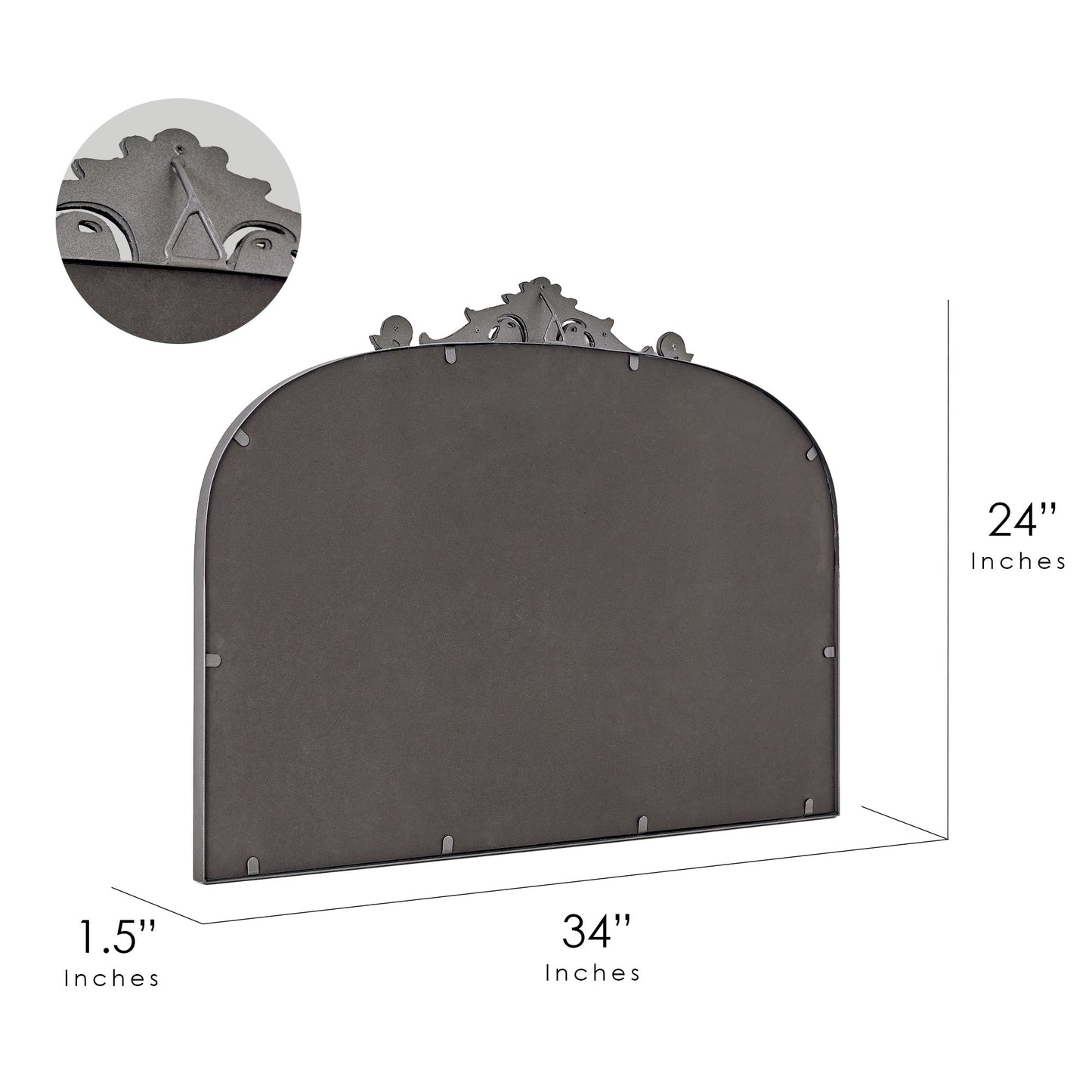 A 24 x 34 pewter arched wall mirror with antique silver filigree crest and beaded trim, displayed horizontally above a vanity or console in a polished neutral interior.