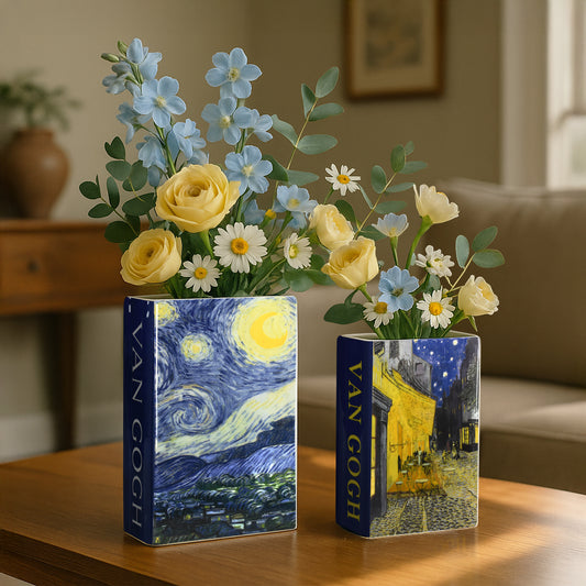 Van Gogh Ceramic Book Vase Set, Starry Night & Cafe Terrace Tabletop Decor