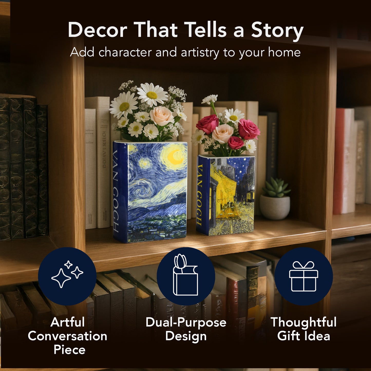 Van Gogh Ceramic Book Vase Set, Starry Night & Cafe Terrace Tabletop Decor