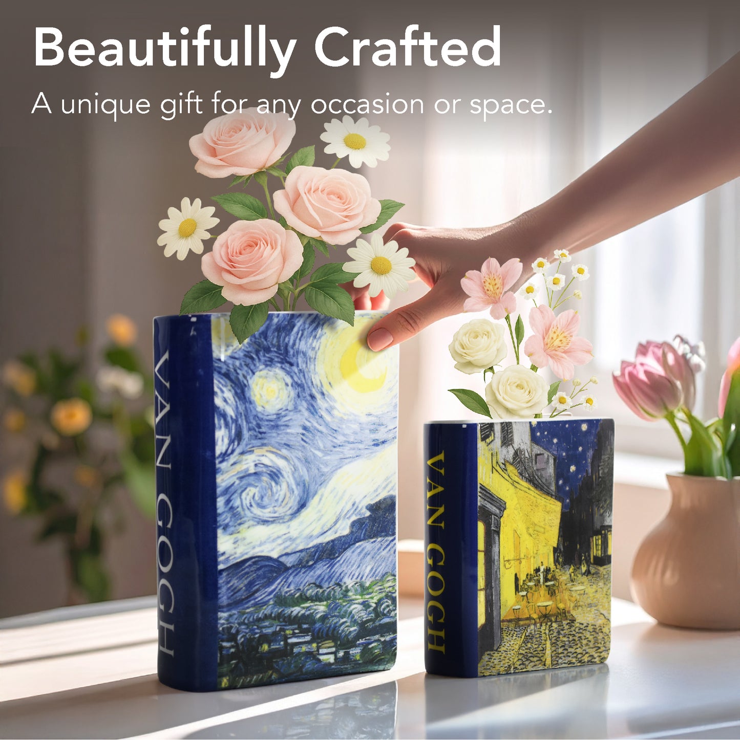 Van Gogh Ceramic Book Vase Set, Starry Night & Cafe Terrace Tabletop Decor