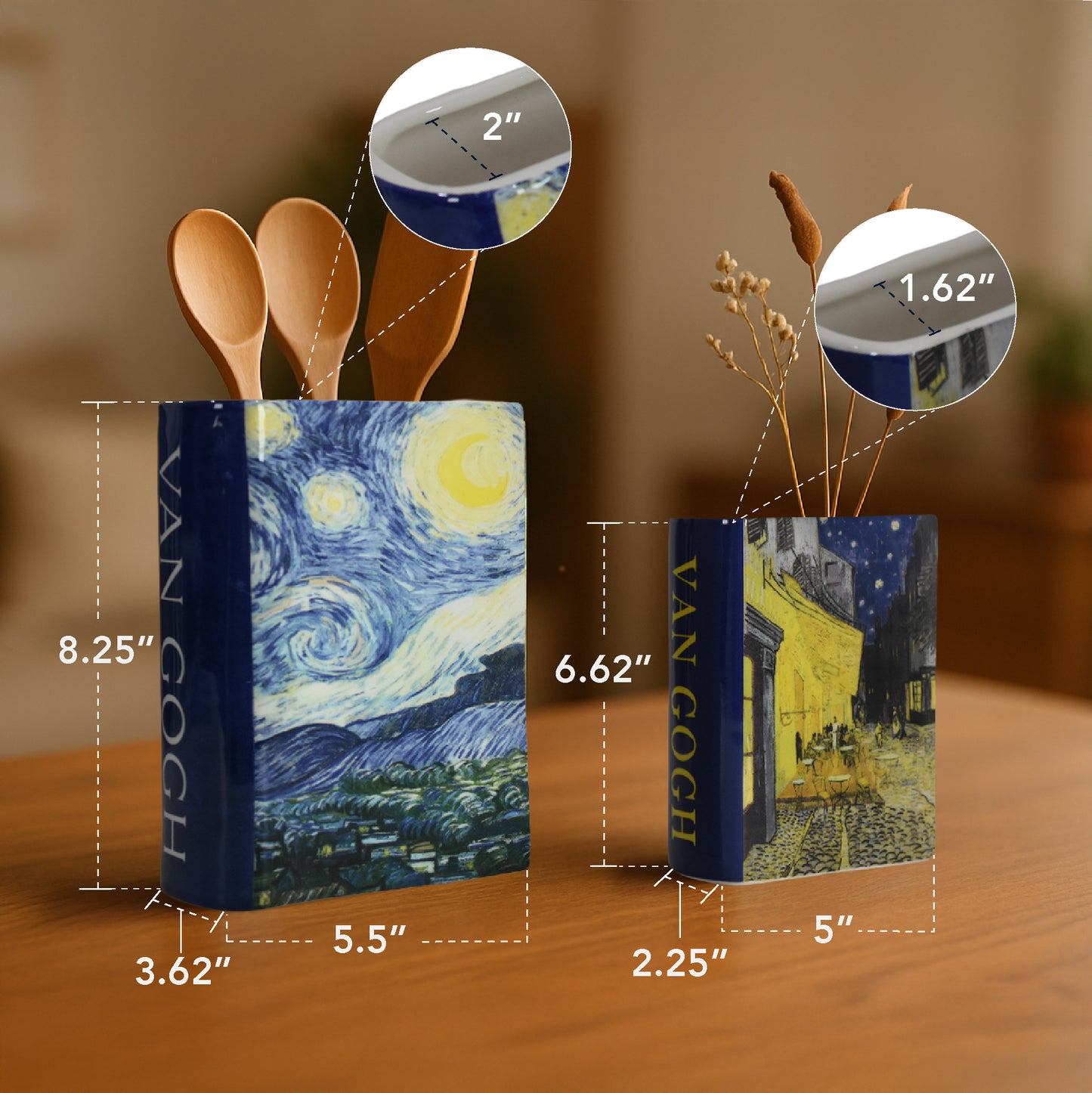 Van Gogh Ceramic Book Vase Set, Starry Night & Cafe Terrace Tabletop Decor