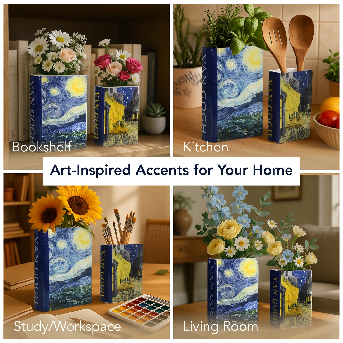 Van Gogh Ceramic Book Vase Set, Starry Night & Cafe Terrace Tabletop Decor