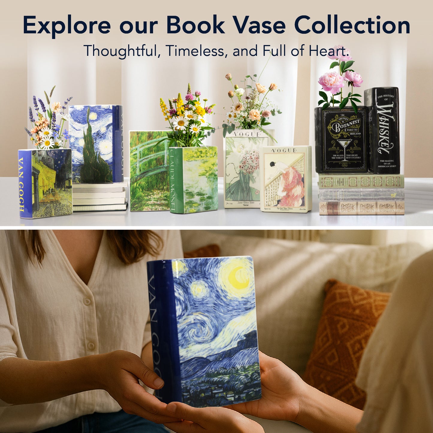 Van Gogh Ceramic Book Vase Set, Starry Night & Cafe Terrace Tabletop Decor