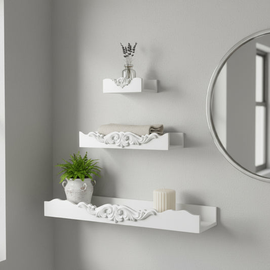Vintage White Ornate 3-Piece Floating Wall Shelf Set