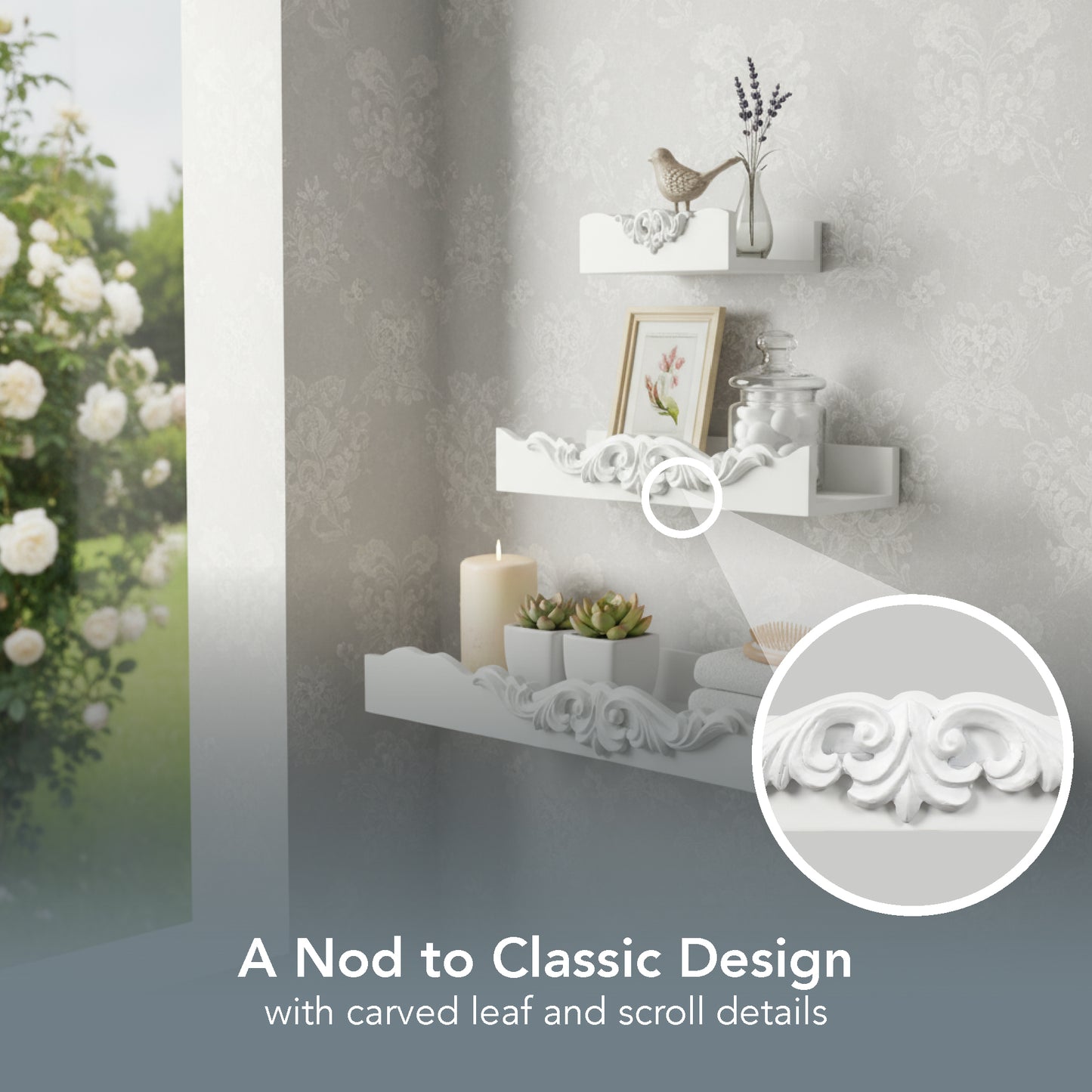 Vintage White Ornate 3-Piece Floating Wall Shelf Set