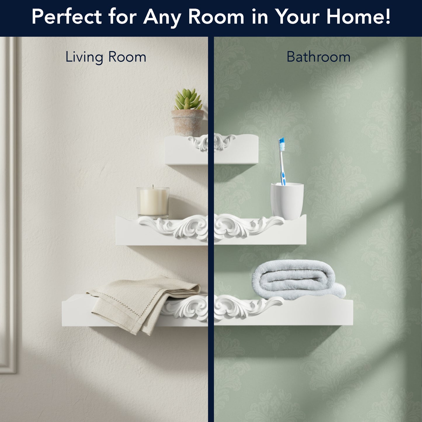 Vintage White Ornate 3-Piece Floating Wall Shelf Set