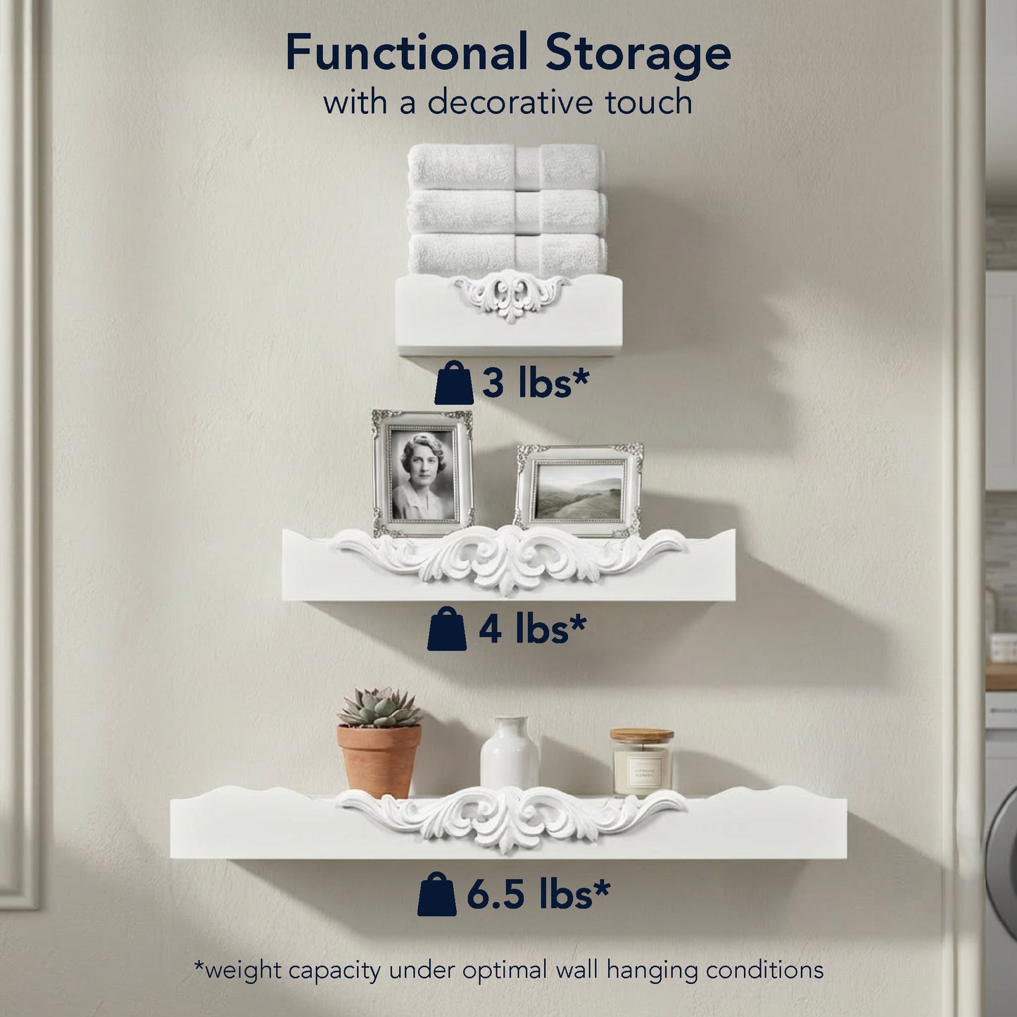 Vintage White Ornate 3-Piece Floating Wall Shelf Set