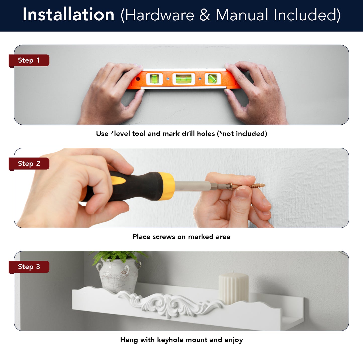 Vintage White Ornate 3-Piece Floating Wall Shelf Set