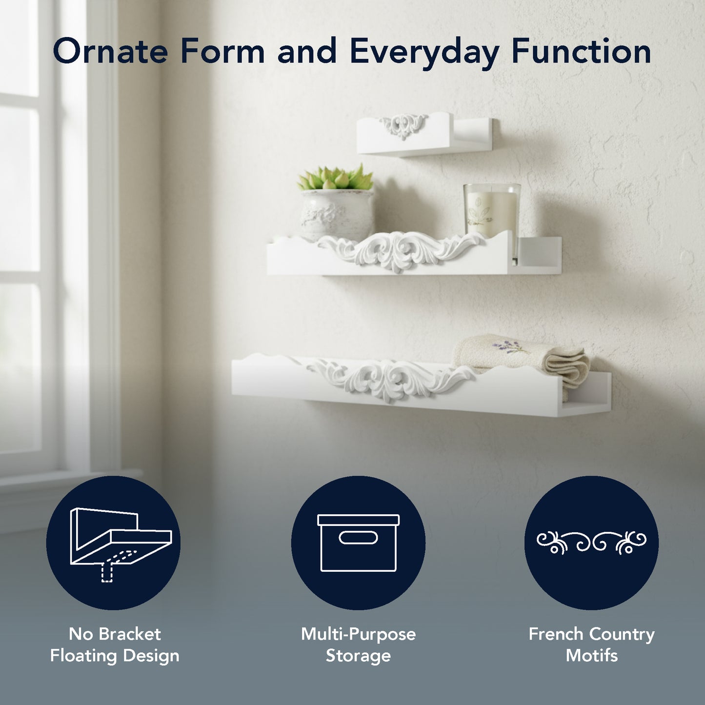 Vintage White Ornate 3-Piece Floating Wall Shelf Set