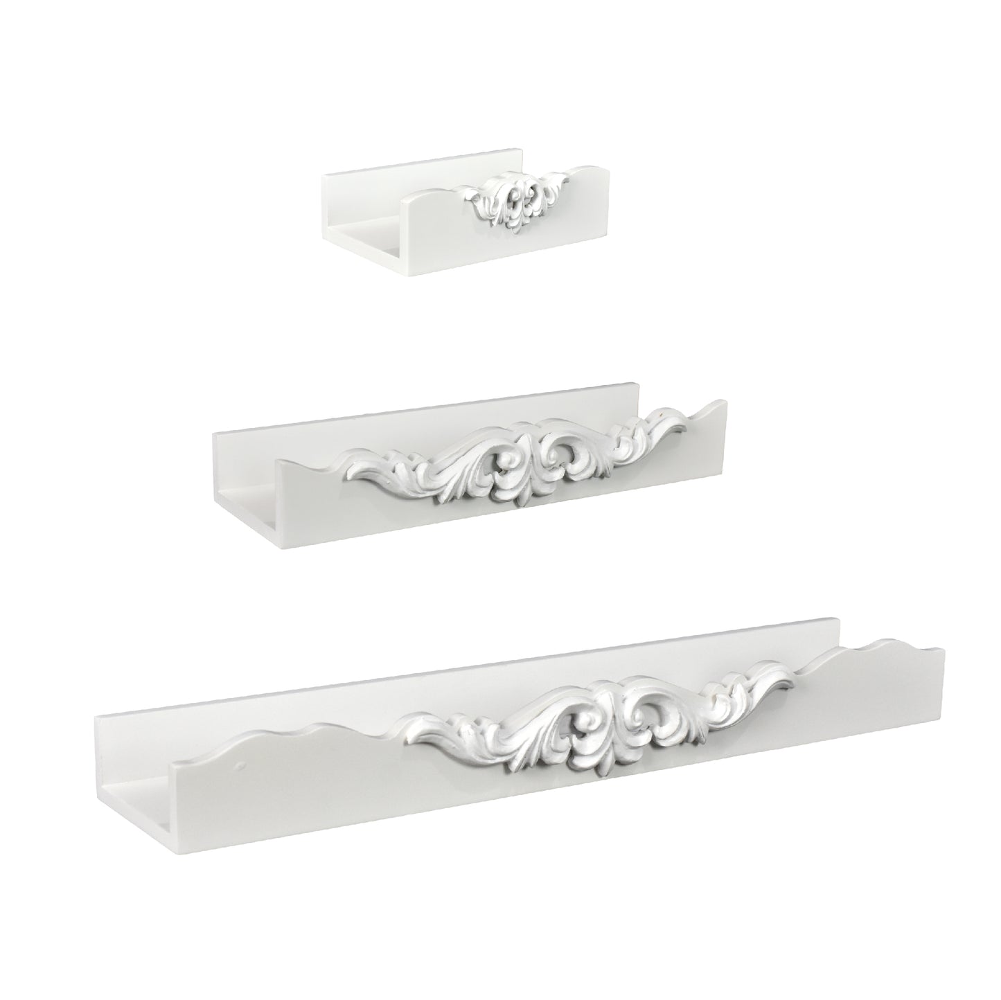 Vintage White Ornate 3-Piece Floating Wall Shelf Set