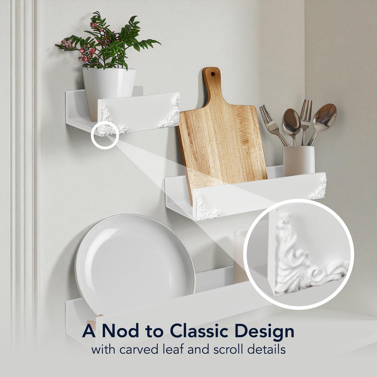 Vintage White Ornate Trim 3-Piece Floating Wall Shelf Set