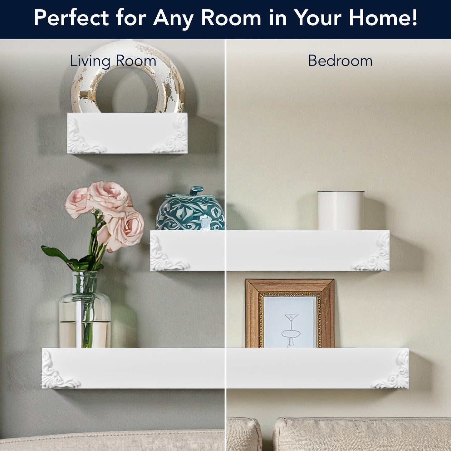 Vintage White Ornate Trim 3-Piece Floating Wall Shelf Set