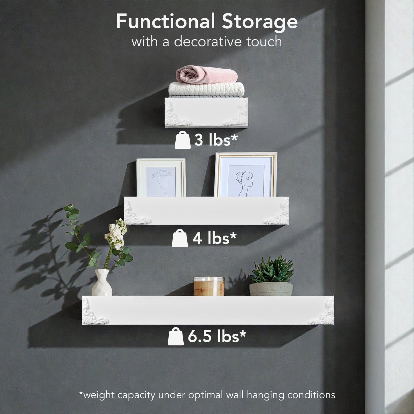 Vintage White Ornate Trim 3-Piece Floating Wall Shelf Set