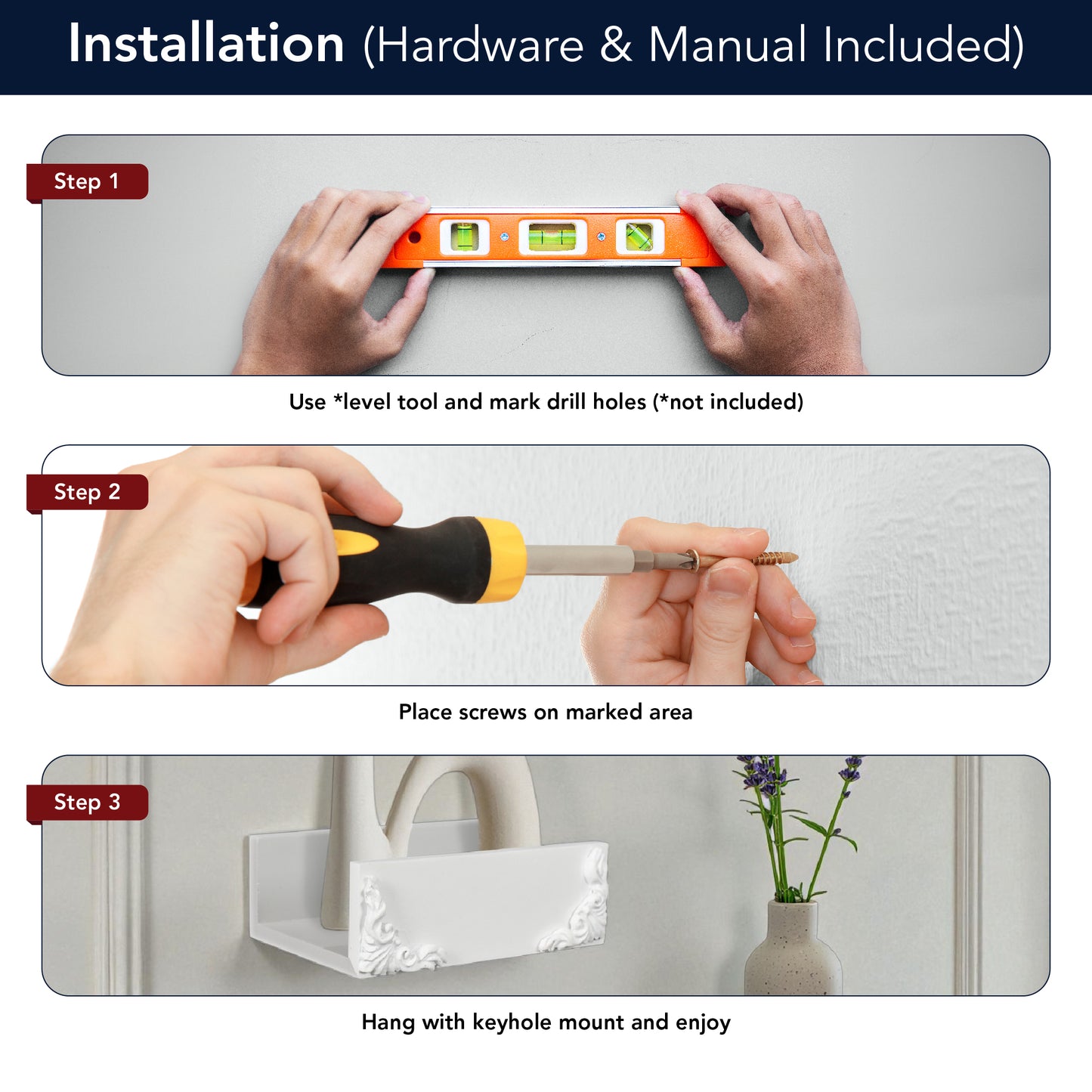 Vintage White Ornate Trim 3-Piece Floating Wall Shelf Set