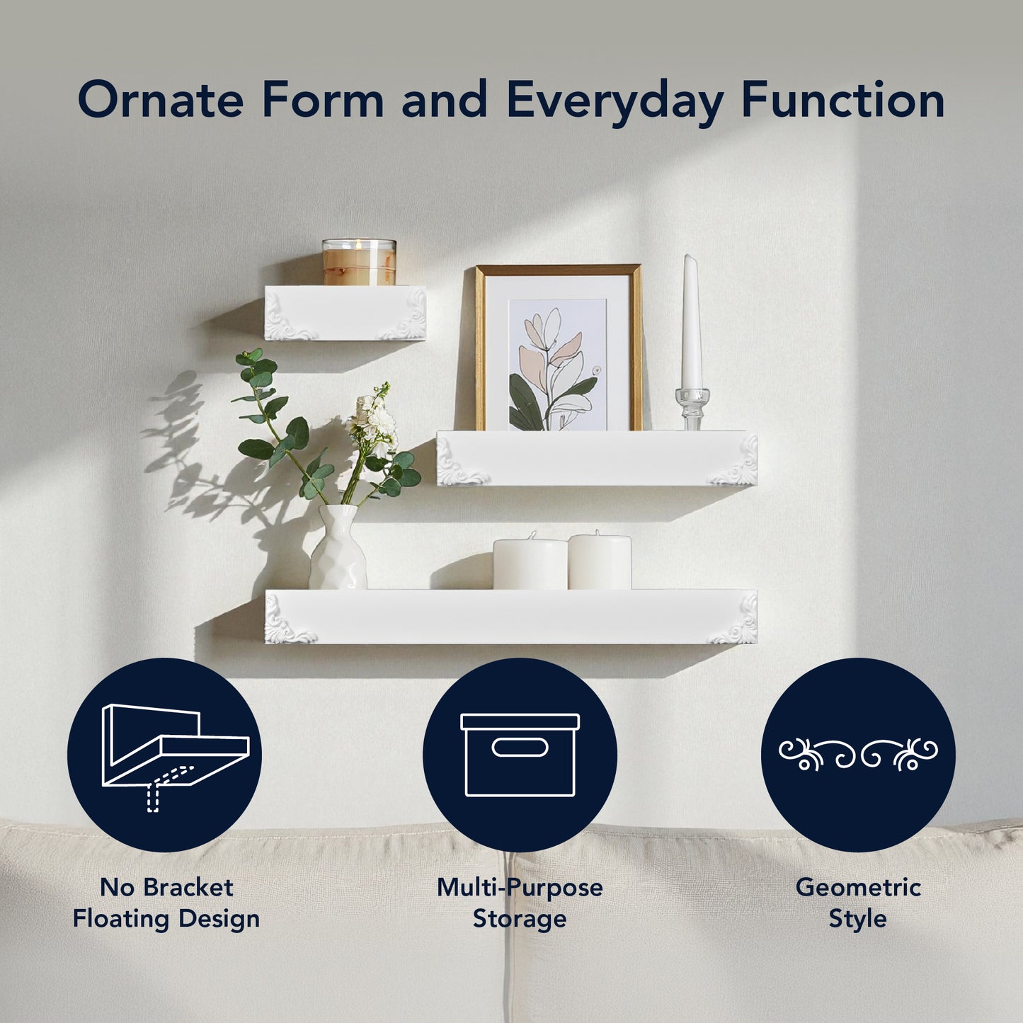 Vintage White Ornate Trim 3-Piece Floating Wall Shelf Set