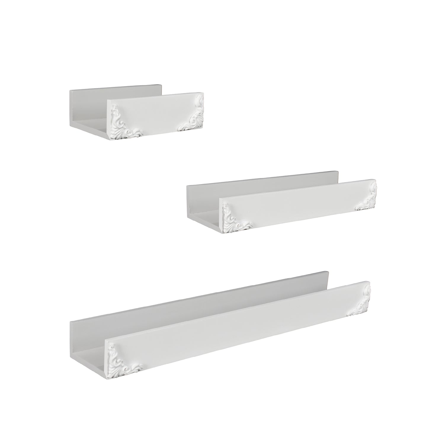 Vintage White Ornate Trim 3-Piece Floating Wall Shelf Set