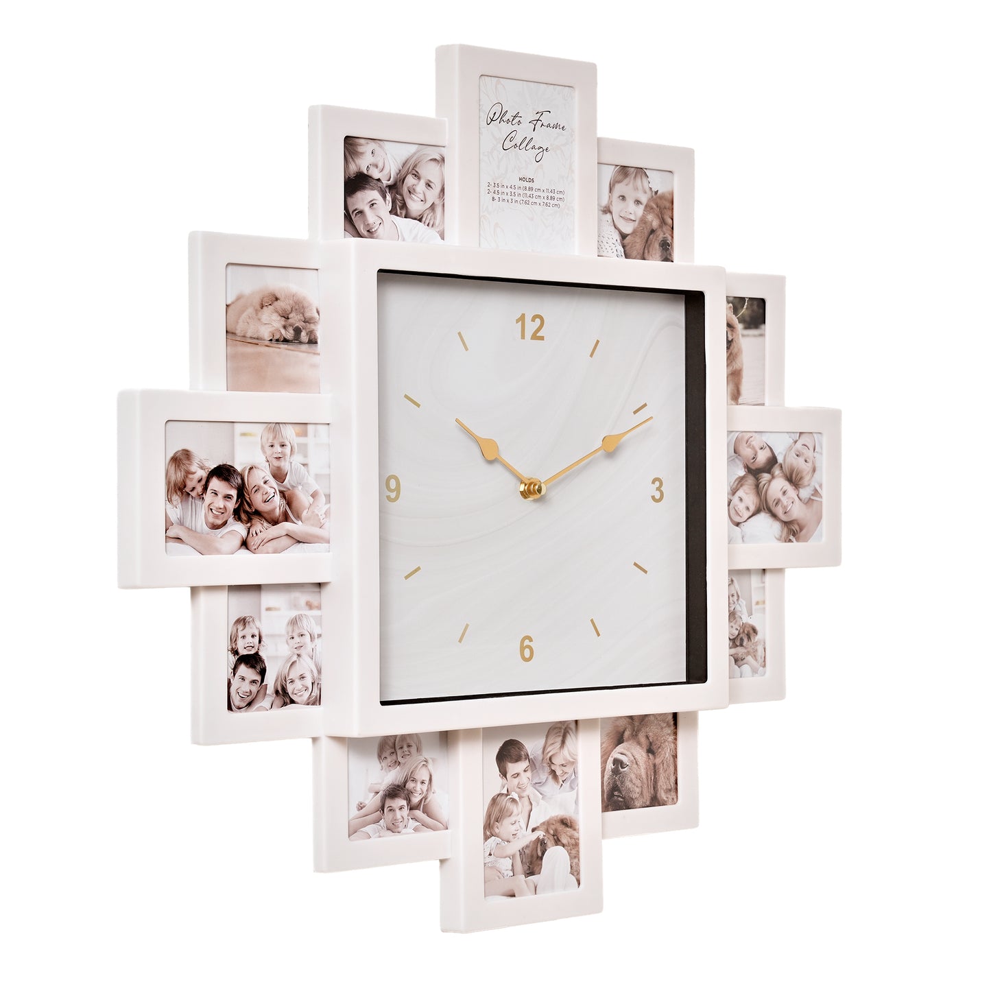 Picture Frame Collage Wall Clock 12 Photo Display Slots White, 20" x 20"