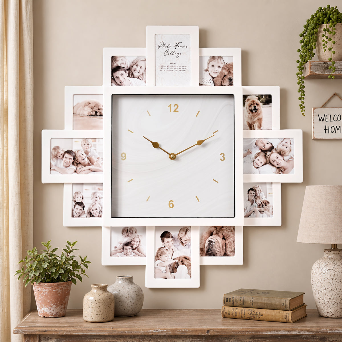 Picture Frame Collage Wall Clock 12 Photo Display Slots White, 20" x 20"