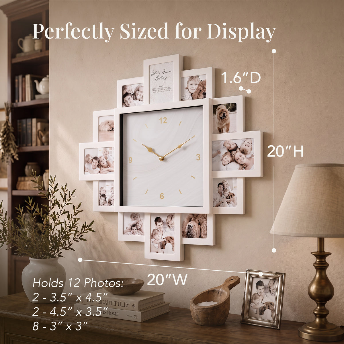 Picture Frame Collage Wall Clock 12 Photo Display Slots White, 20" x 20"