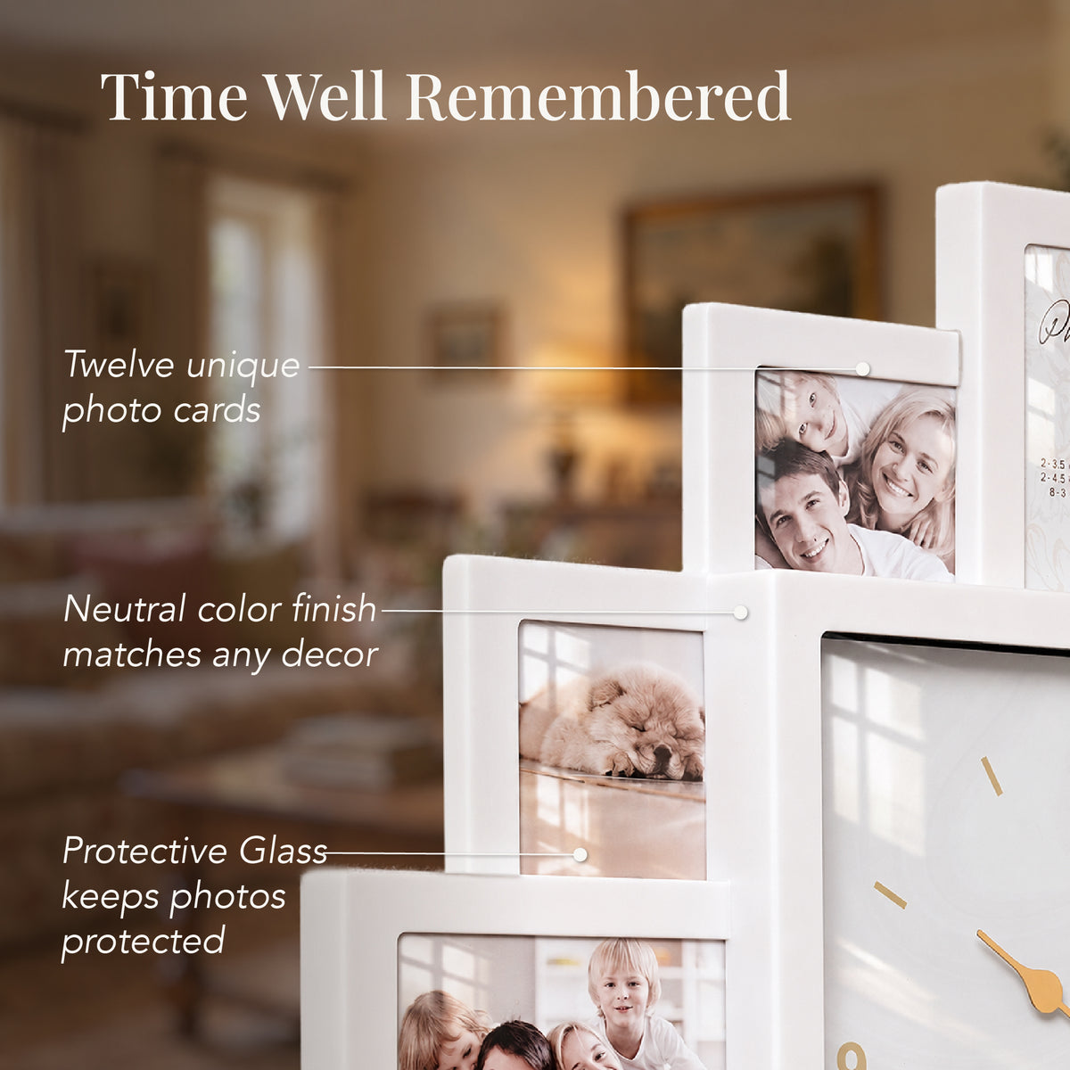 Picture Frame Collage Wall Clock 12 Photo Display Slots White, 20" x 20"