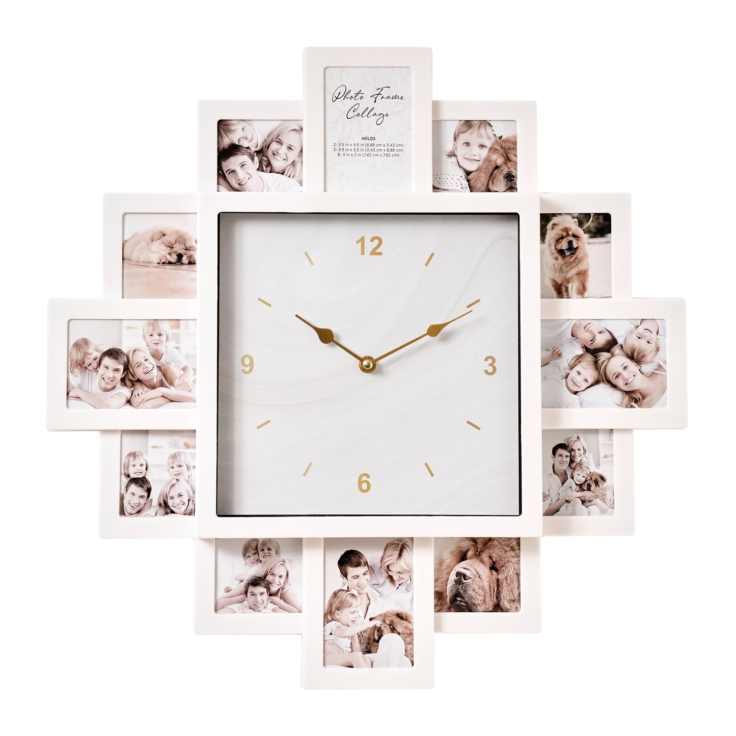 Picture Frame Collage Wall Clock 12 Photo Display Slots White, 20" x 20"