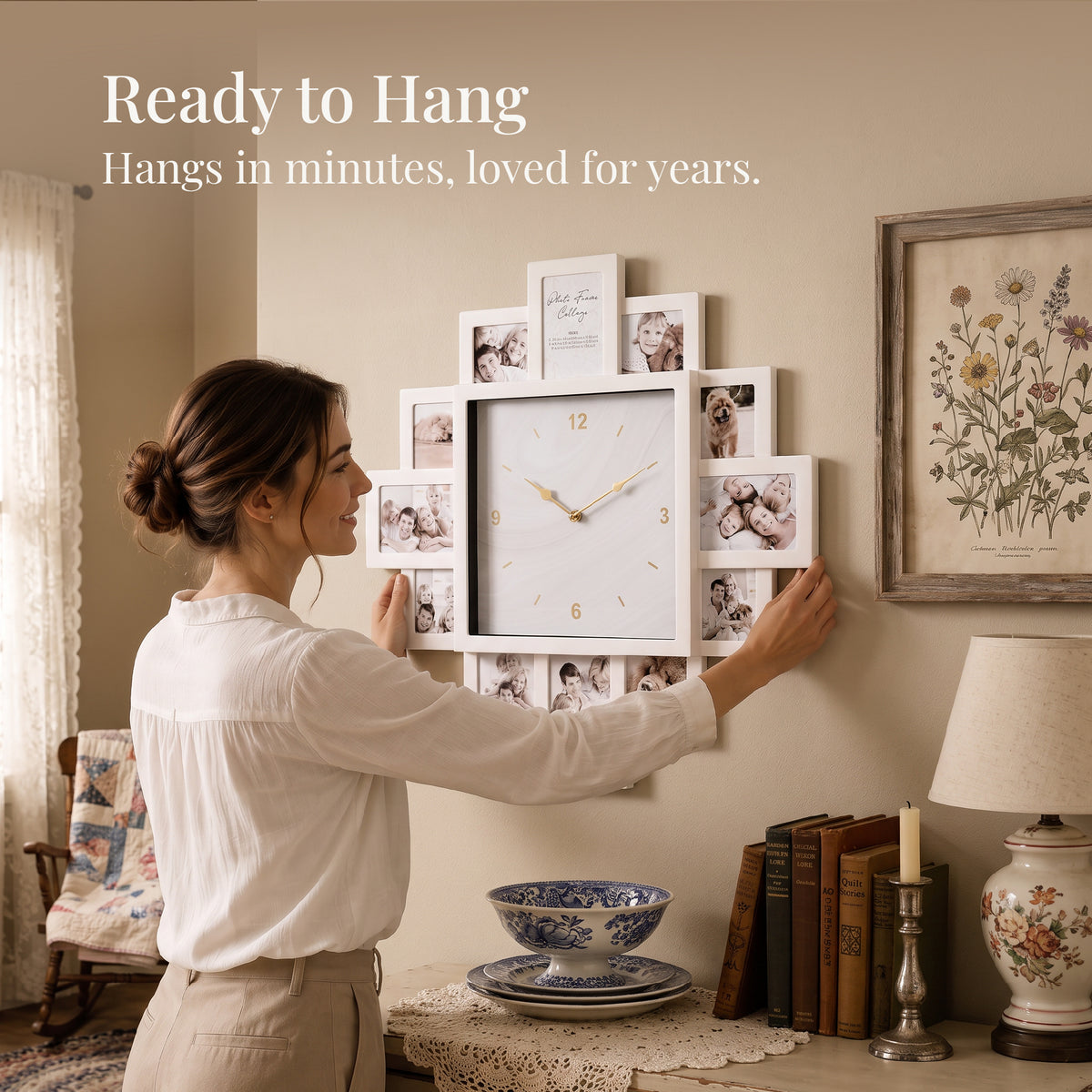 Picture Frame Collage Wall Clock 12 Photo Display Slots White, 20" x 20"