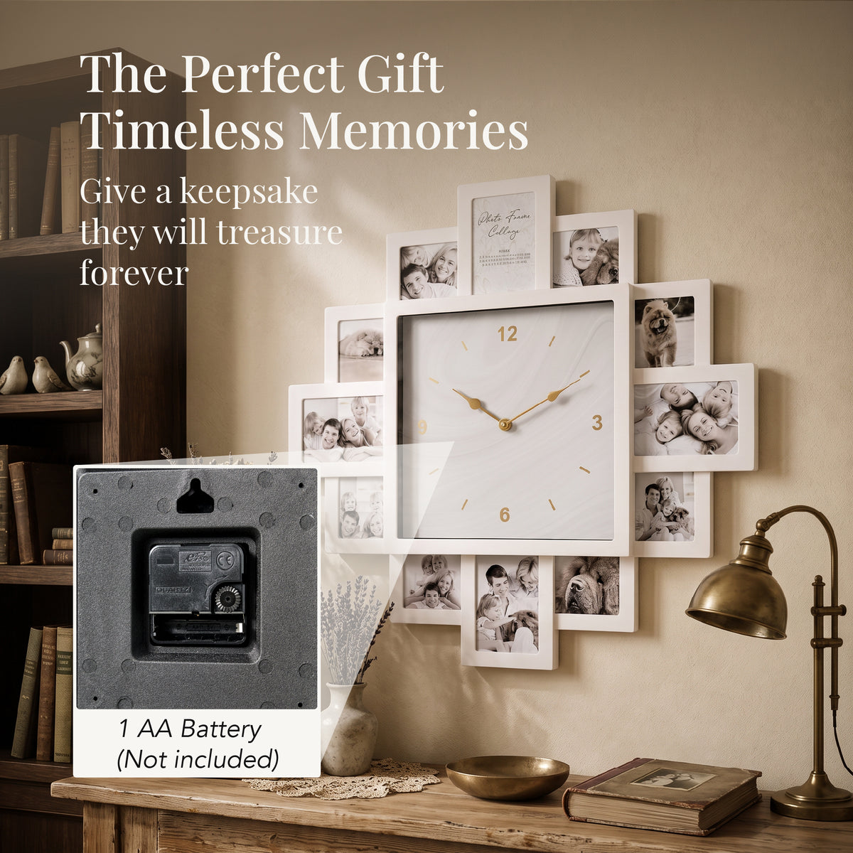 Picture Frame Collage Wall Clock 12 Photo Display Slots White, 20" x 20"