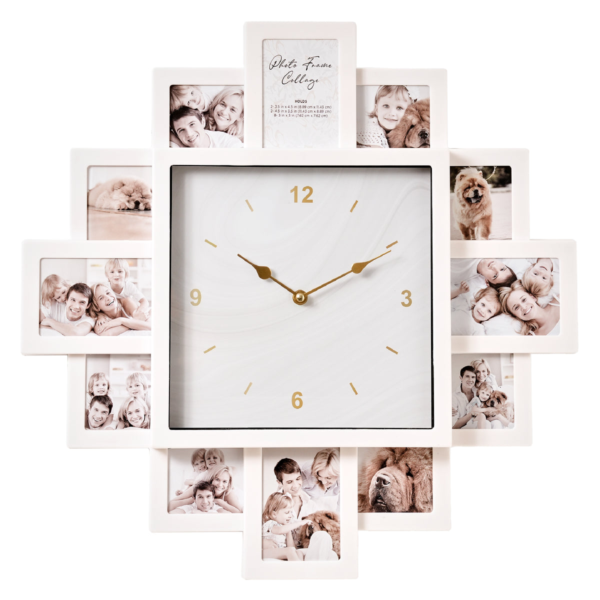 Picture Frame Collage Wall Clock 12 Photo Display Slots White, 20" x 20"