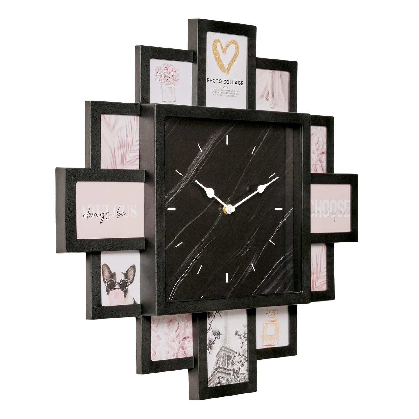 Picture Frame Collage Wall Clock 12 Photo Display Slots Black, 20" x 20"