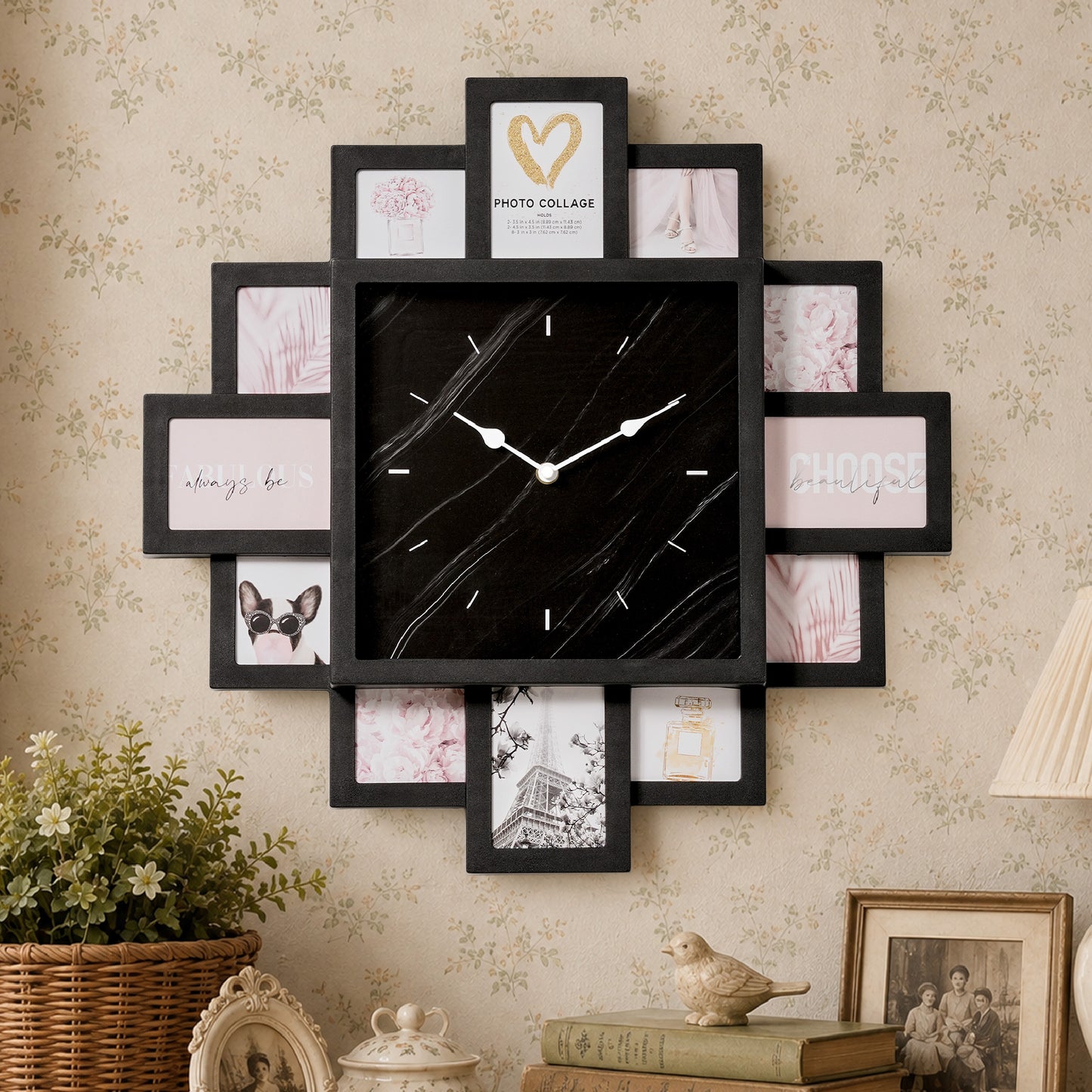 Black 20 x 20 photo collage wall clock with a black marble-look center clock face and 12 picture openings for nursery, bedroom, living room and family wall decor.