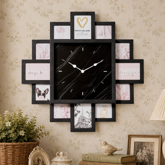 Black 20 x 20 photo collage wall clock with a black marble-look center clock face and 12 picture openings for nursery, bedroom, living room and family wall decor.