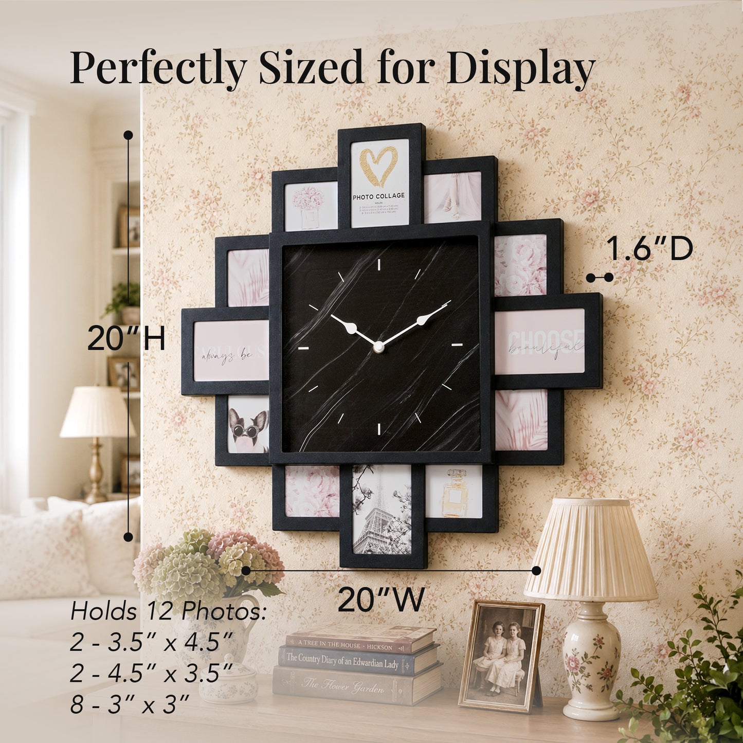 Black 20 x 20 photo collage wall clock with a black marble-look center clock face and 12 picture openings for nursery, bedroom, living room and family wall decor.