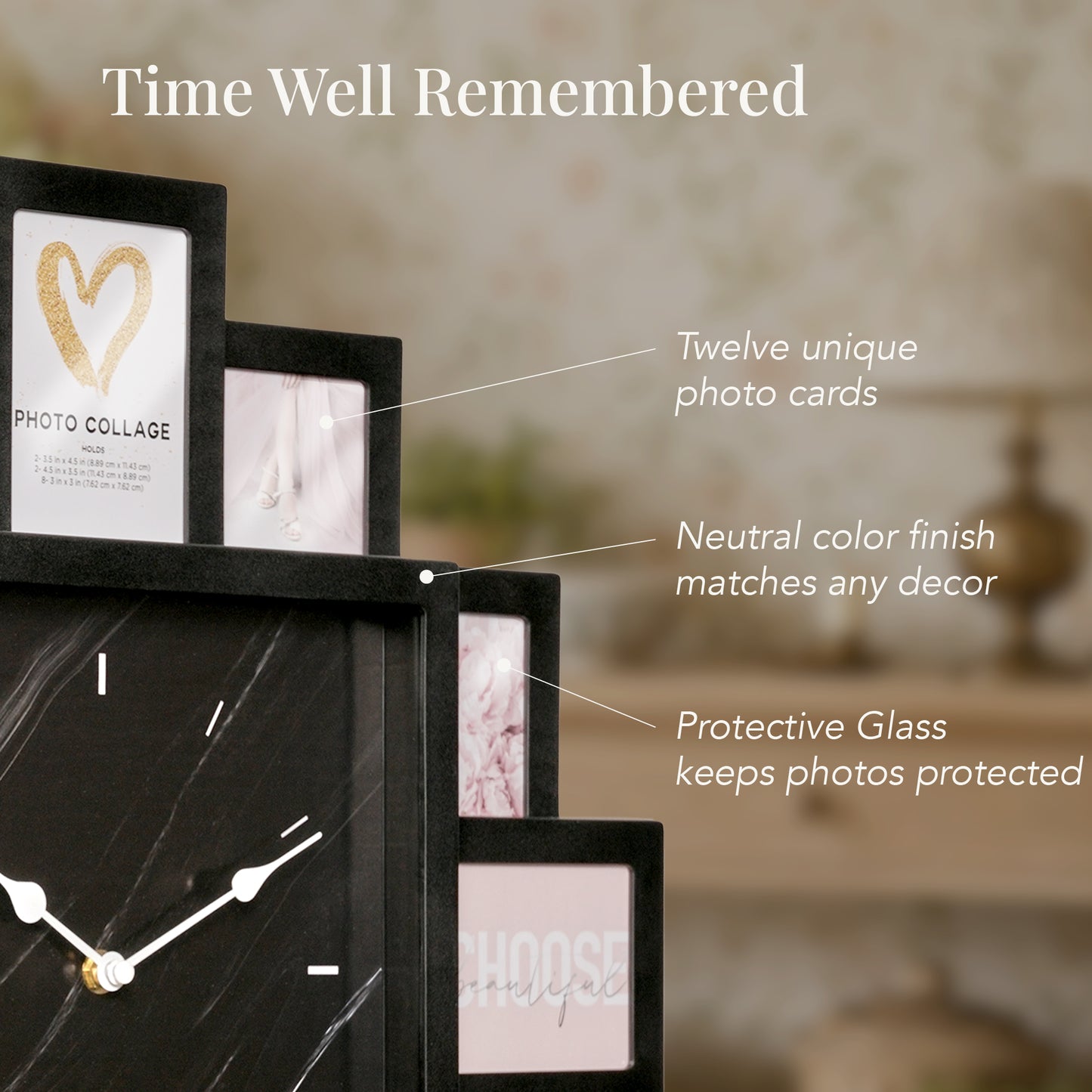 Black 20 x 20 photo collage wall clock with a black marble-look center clock face and 12 picture openings for nursery, bedroom, living room and family wall decor.