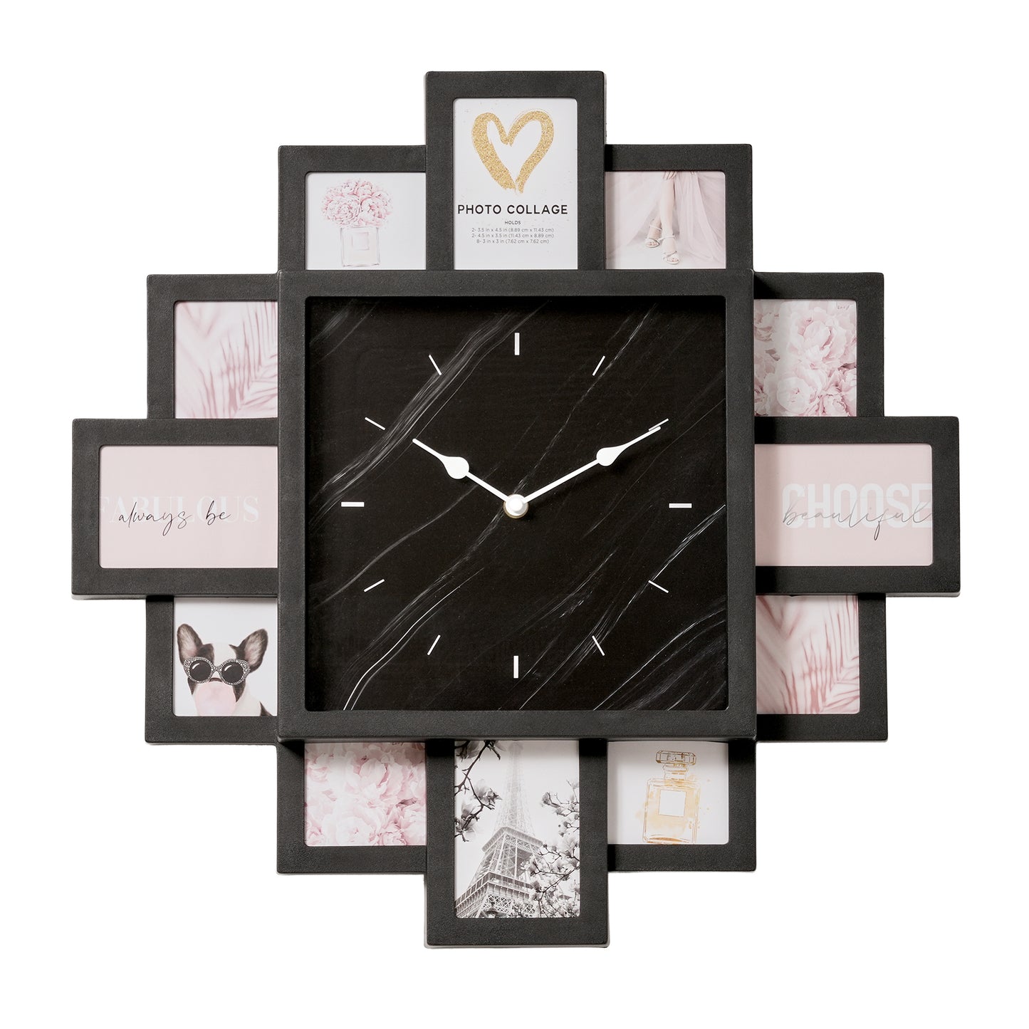 Picture Frame Collage Wall Clock 12 Photo Display Slots Black, 20" x 20"