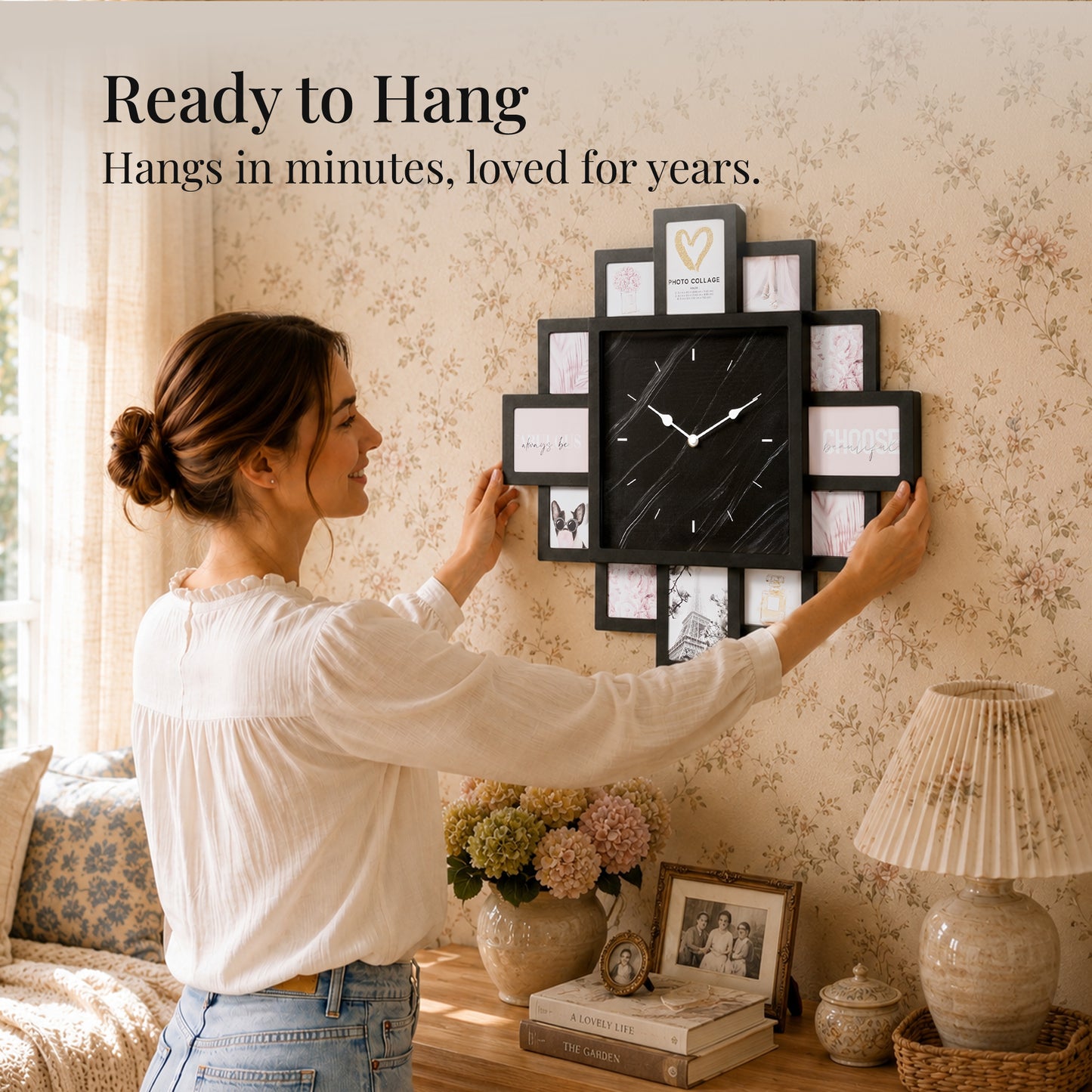 Black 20 x 20 photo collage wall clock with a black marble-look center clock face and 12 picture openings for nursery, bedroom, living room and family wall decor.