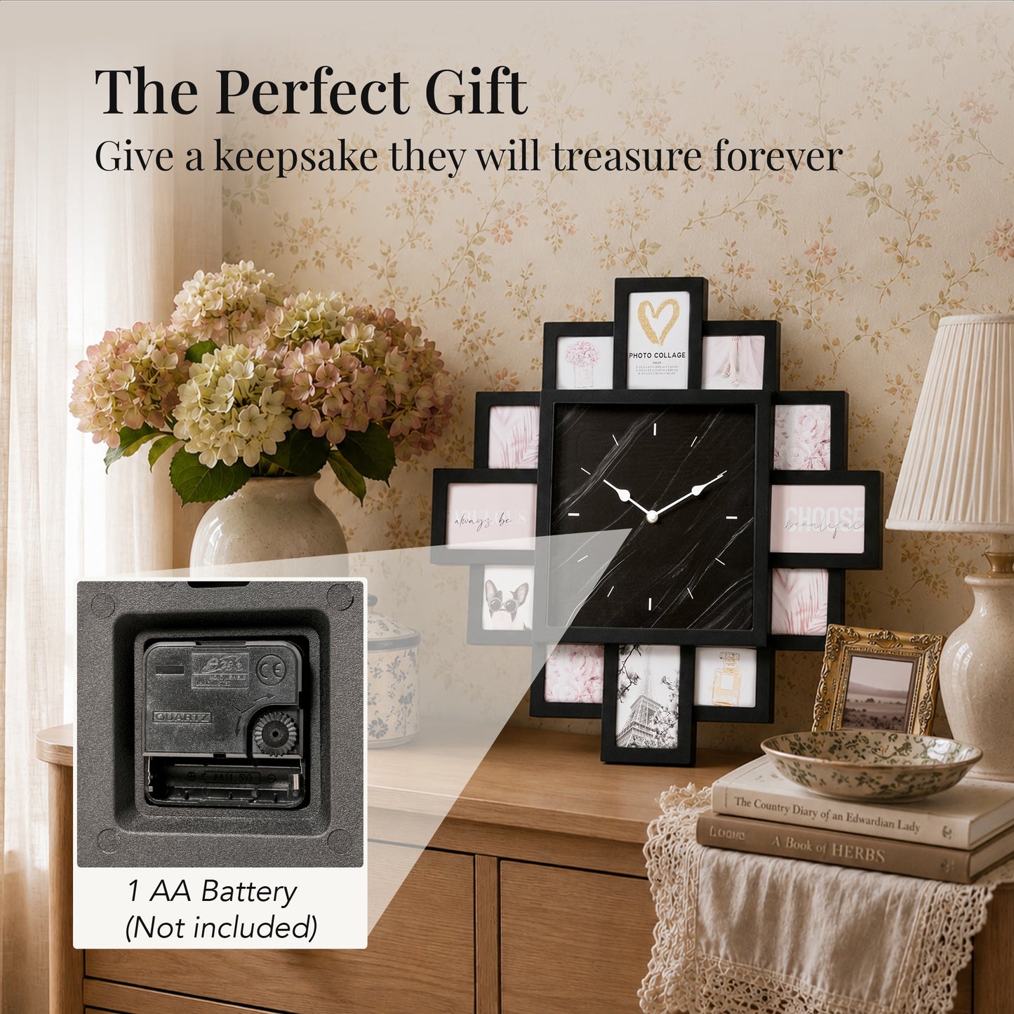 Black 20 x 20 photo collage wall clock with a black marble-look center clock face and 12 picture openings for nursery, bedroom, living room and family wall decor.