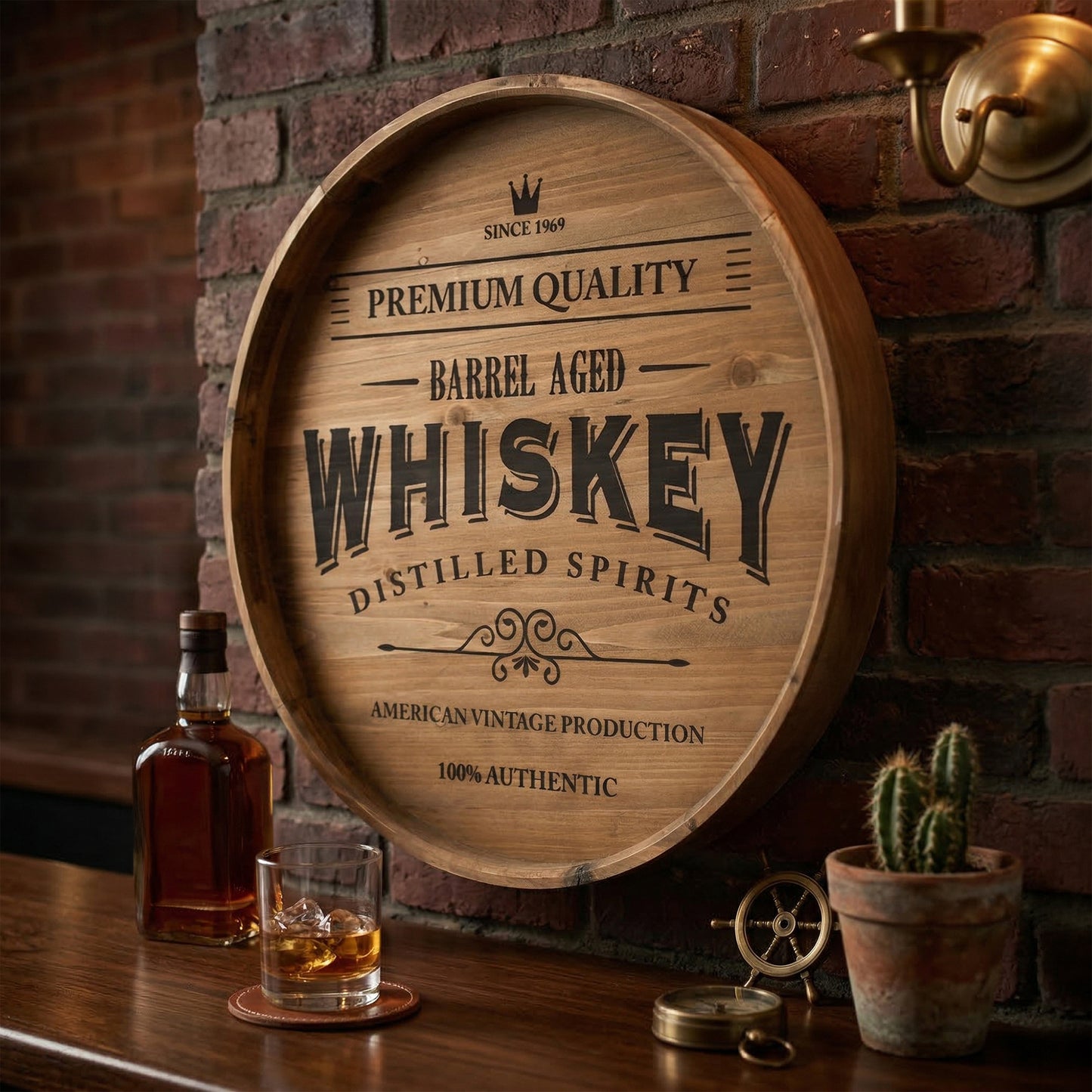 round whiskey barrel style framed plaque wall decor with vintage typography, rustic bar sign wall art for man cave, home bar, or garage